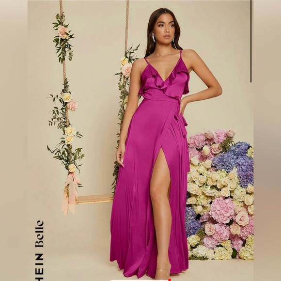 BNWT Hot Pink Shein Belle Maxi Dress Flowing Pretty Feminine Wrap Tie Wedding - Picture 1 of 8